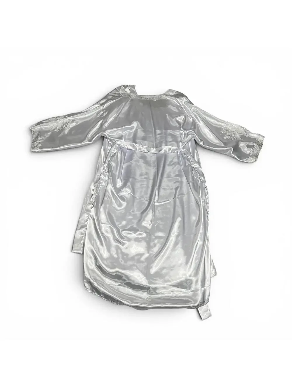 Vintage Silver Satin Lace Trim Robe and Nightgown Set